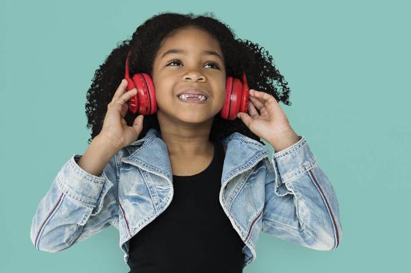 Black Girl Enjoying Kids Audiobook Red Headphones